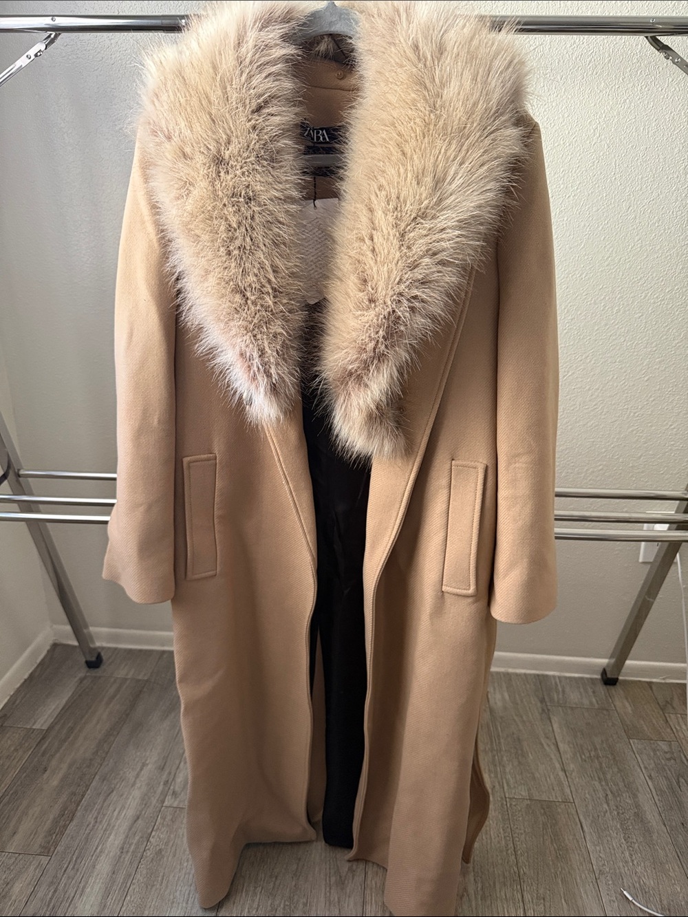 Zara Manteco Wool Blend Long Coat with Fur Collar - Beige